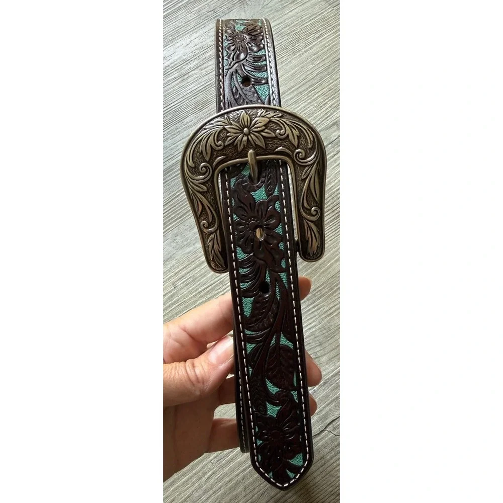 Ariat Girls Size 26 Western Leather Belt Turquoise Floral Tooled Concho Buckle